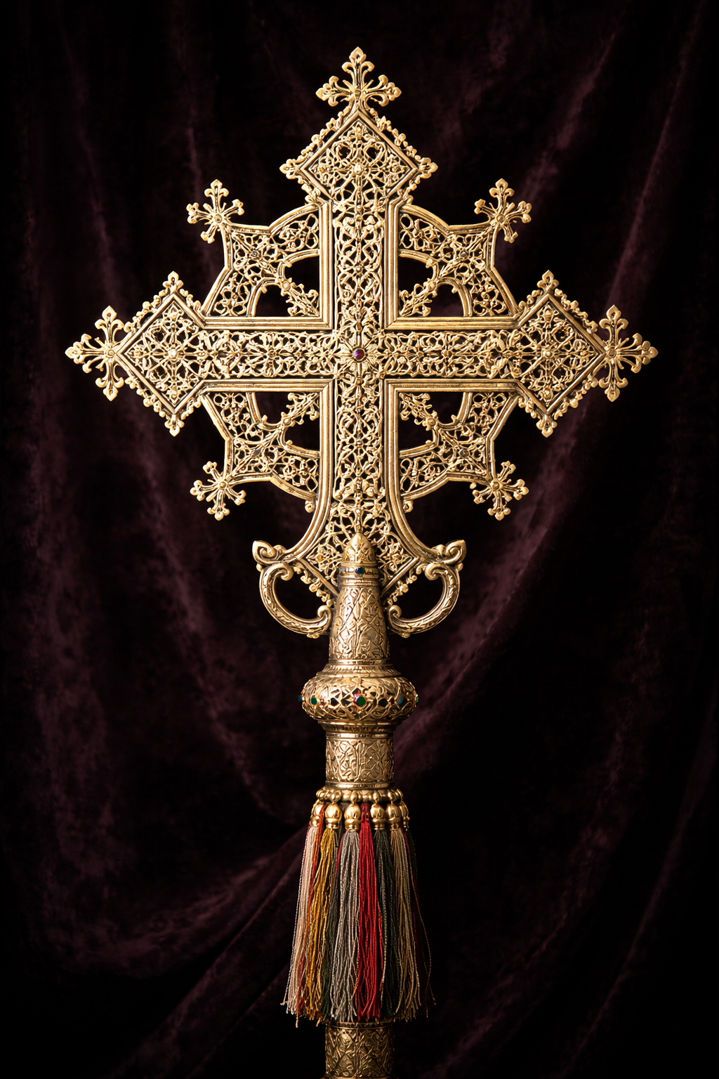 Ornate Ethiopian Orthodox processional cross with intricate golden lattice metalwork patterns on dark velvet background, colorful tassels at the base -- Ethiopian Christian cross HD wallpaper
